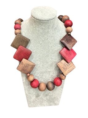Wood Bead Statement Necklace Red Brown Geometric Boho Artisan 15”